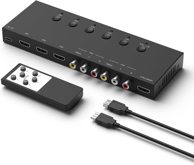 YDF 3 Way HDMI 2.0 Switcher + 2 RCA to HDMI Converter(2 in 1) 2 Way AV Composite CVBS Switch to HDMI Adapter Support 4:3/16:9 Switching for N64 NGC Wii Xbox PS2/3/4/5 Xbox Series/ONE Switch - Image 1